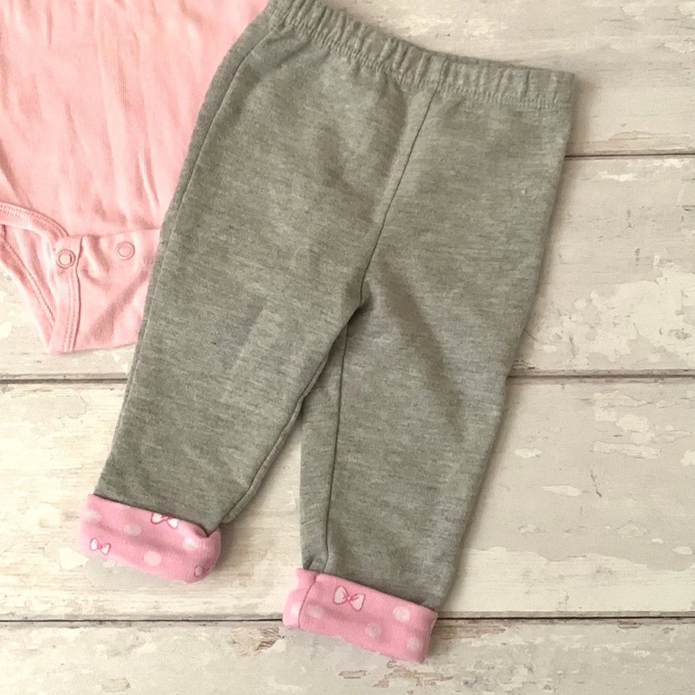 Baby Girl 3m Outfit Pink Bodysuit & Gray Joggers Sweatpants Pants 100% Cotton - Picture 3 of 3